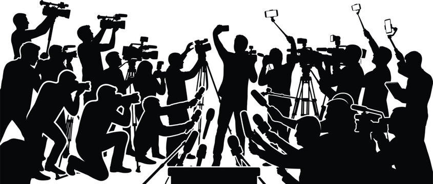 Press Conference Media Reporter Silhouette Collection with Journalists Cameras and Broadcasting Vector Set