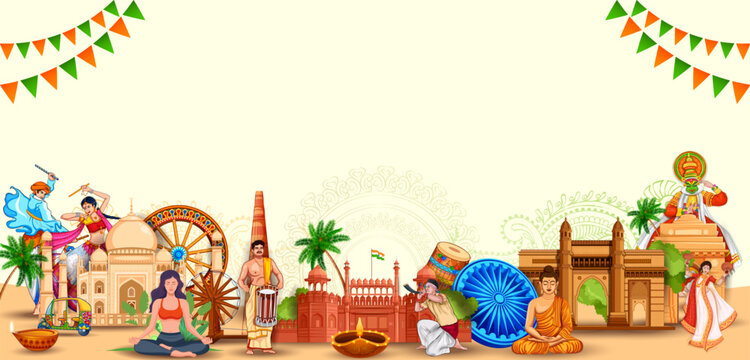 India Independence Day Banner with Famous Monuments Vector