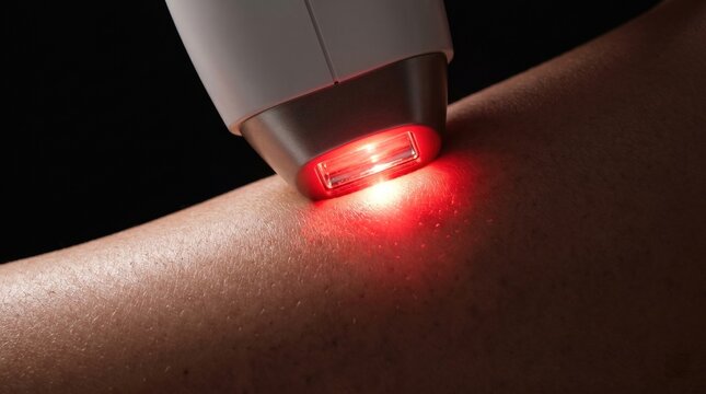 Macro shot of IPL laser hair removal device emitting red light flash on human skin