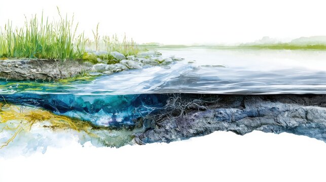 A cross-section of a riverbed, showing the clear water, soil layers, and vegetation on the bank. The image highlights the connection between water and earth