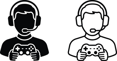 Male gamer character holding controller and wearing headset in silhouette and line art styles vector © Asib