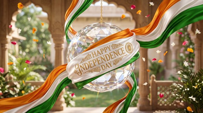 Indian independence day festive background with crystal sphere and ribbon