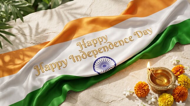 Happy independence day india celebration with tricolor fabric and diya