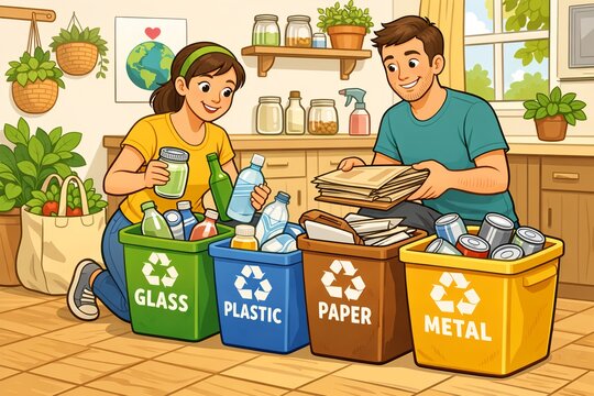 Happy Couple Sorting Recyclable Waste into Recycling Bins at Home