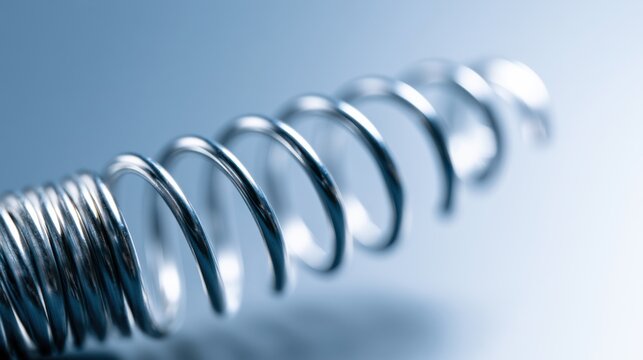 A metallic spring coil with a shiny surface, illuminated with blue light, creating a soft focus effect. The background is a blurred gradient of light blue