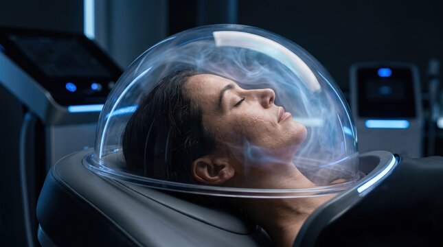 Woman relaxing in a futuristic oxygen capsule or hyperbaric chamber at wellness spa
