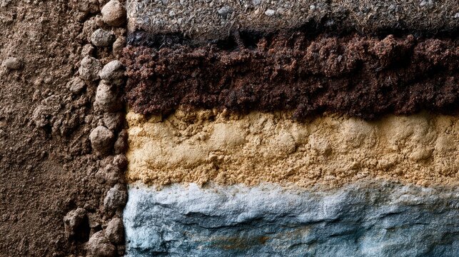 Cross-section of soil showing distinct layers of earth and rock. The layers include topsoil, subsoil, and bedrock, with visible soil texture and stratification