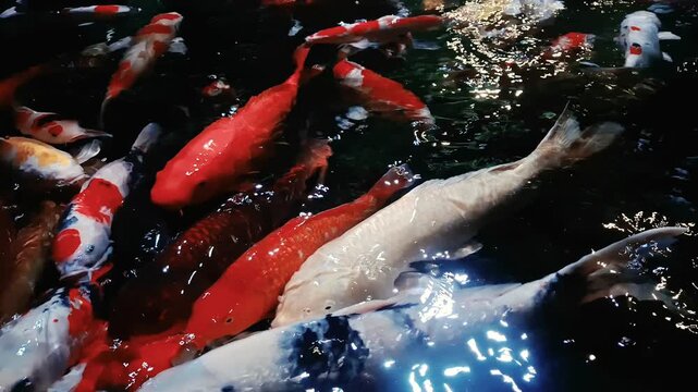 Close up of a colorful Koi fish swimming gracefully in a beautiful artificial garden pond with crystal-clear water. Perfect for themes of aquatic life, ornamental fish, Japanese garden, Zen lifestyle.