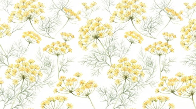 Seamless pattern with watercolor dill flowers and leaves on white background