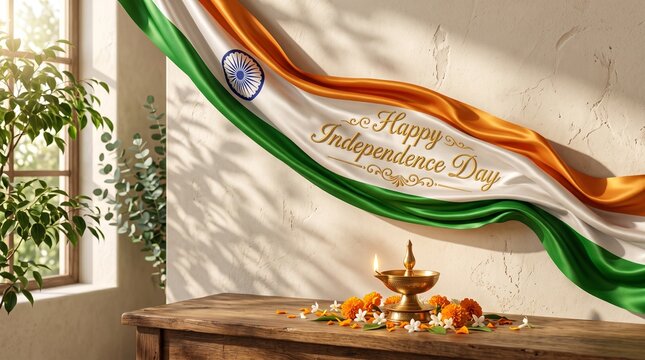 Indian independence day festive setup with tricolor flag and diya