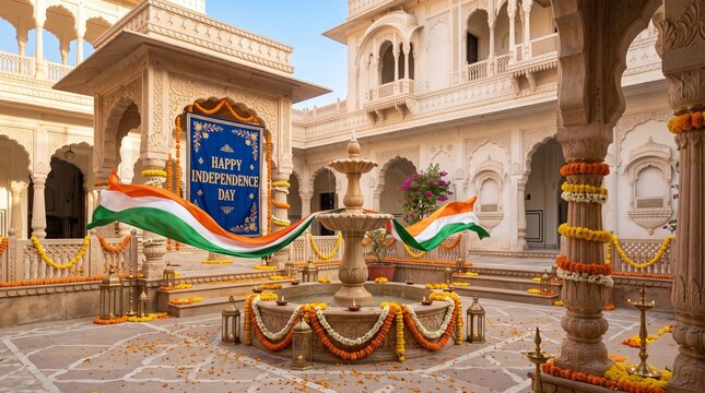 Traditional indian palace courtyard decorated for independence day