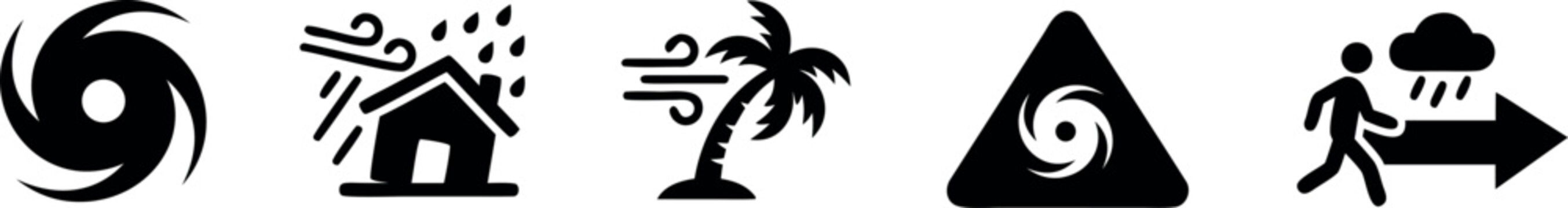 Hurricane and storm warning icon set with cyclone, damaged house, wind, rain and evacuation symbols