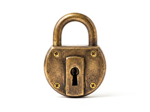 Antique brass padlock with keyhole isolated on white background symbolizing security, protection, and vintage craftsmanship