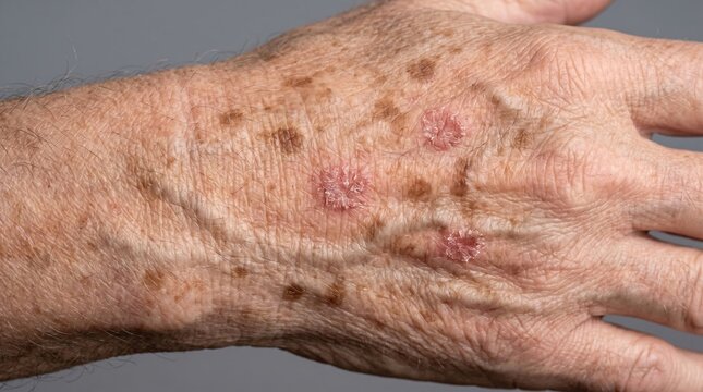 Close up of elderly hand with actinic keratosis lesions and age spots