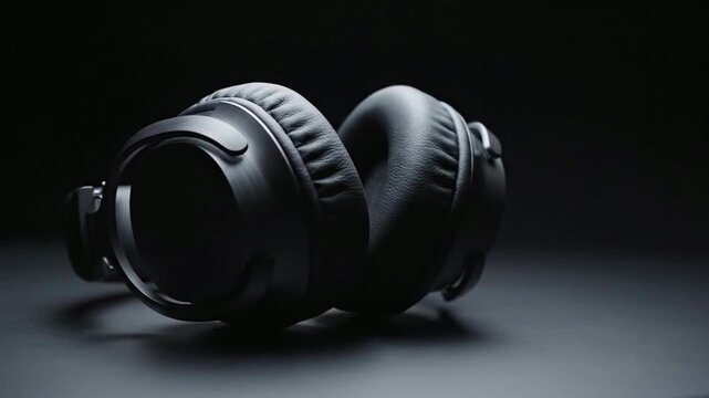 Wireless headphones opening and rotating on dark background, high-end audio gear product showcase, studio lighting