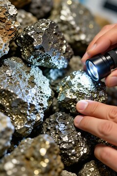 Miner examines gold ore rocks with flashlight. Geologist inspects mineral samples, looks for valuable metals in rough stones. Man studies geology, natural resource discovery.