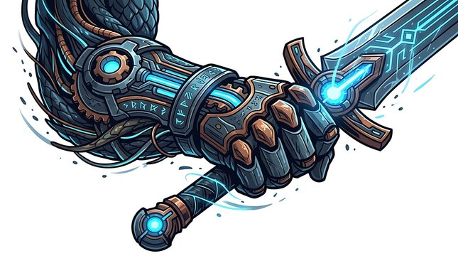 Robotic armored hand wielding a glowing high tech energy sword