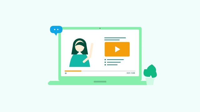 Online education laptop animation with female instructor and video player on screen