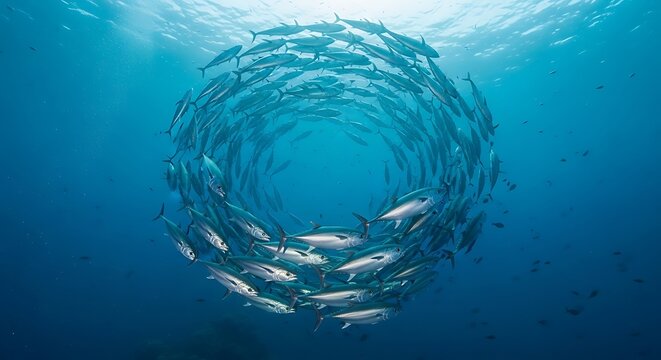 School of fish swimming in circle underwater.