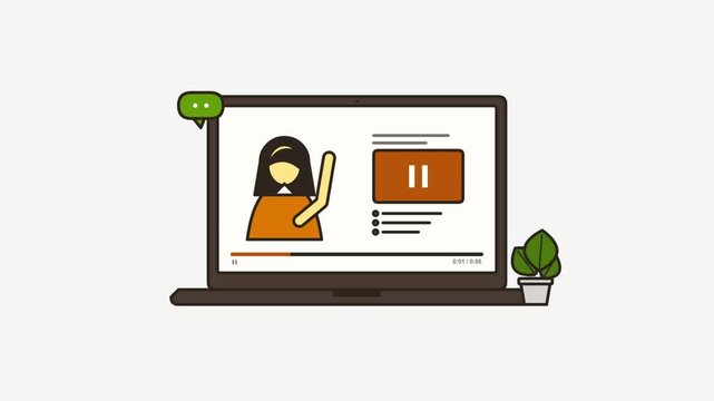 Online learning video tutorial animation on a laptop screen with chat icon