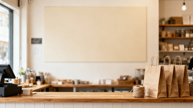 Independent retail display with ceramic pieces natural wood shelf local ret