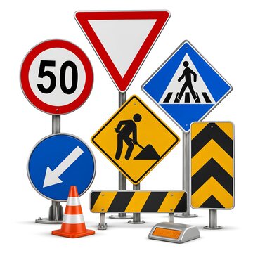 Collection of various traffic signs including speed limits, pedestrian crossing, direction, and warning signs