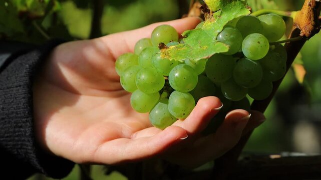 Close up of a hand picking green grapes from a grape cluster on the vine in a vineyard. 
