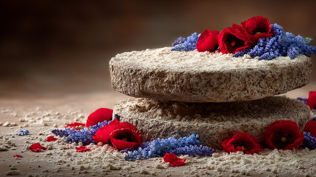 Rustic stone millstones decorated with red poppies and purple flowers millstone decoration