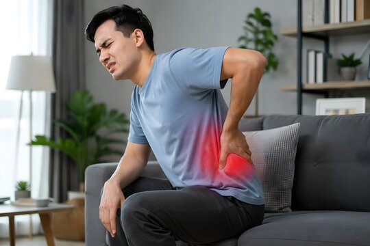 Young Asian Man Suffering from Severe Lower Back Pain While Sitting on Sofa at Home &ndash; Acute Lumbar Pain, Muscle Strain, Sciatica and Healthcare Concept. 