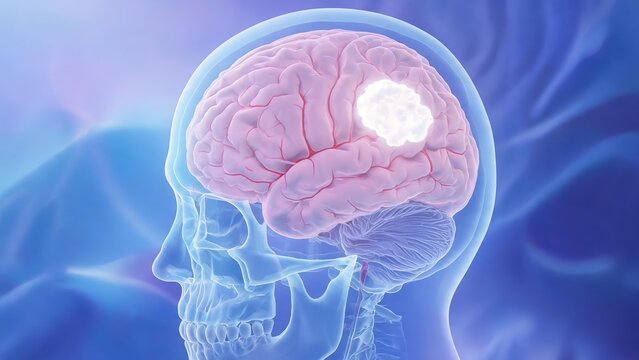 Medical transparent illustration of brain cancer, brain tumors and cerebral lesions, human brain anatomy, lesion presentation, professional neurosurgery medical visual material