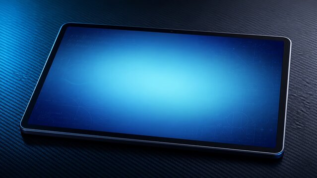 Futuristic smart tablet device lying on dark carbon fiber surface with glowing blue screen background depicting modern mobile tech display mock-up