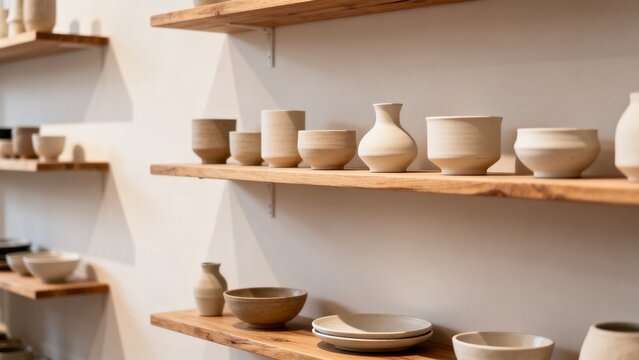 Independent retail display with ceramic pieces natural wood shelf local ret