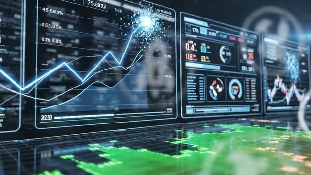 Digital financial data displays with futuristic interface elements