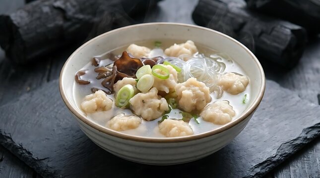Steaming fish ball soup served in a ceramic bowl.