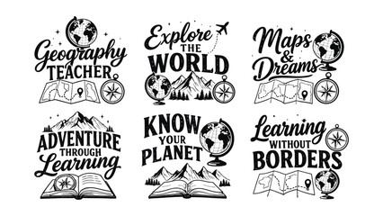Collection of illustrative geography and travel themed phrases with globes and maps for education © MDRAHMAT