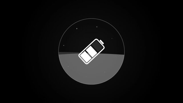 Monochrome digital icon displaying a partially charged battery against a dark, minimalist background, indicating power status and energy level