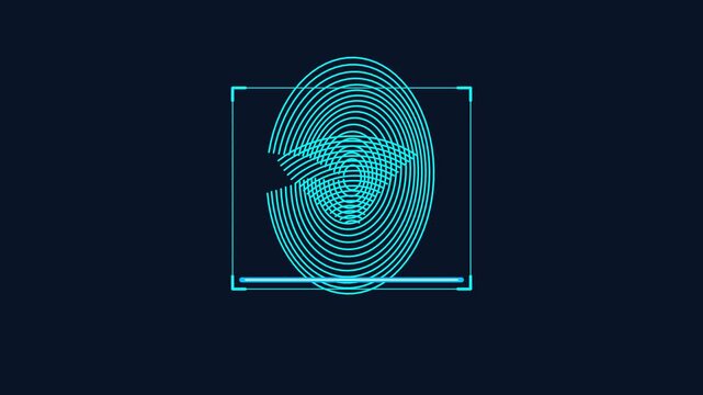 Abstract digital fingerprint scan with concentric circles and futuristic interface elements.