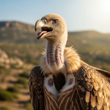 Close up portrait of a griffon vulture in natural habitat.