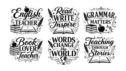 Collection of six motivational typography quotes for teachers and book lovers with educational elements © MDRAHMAT