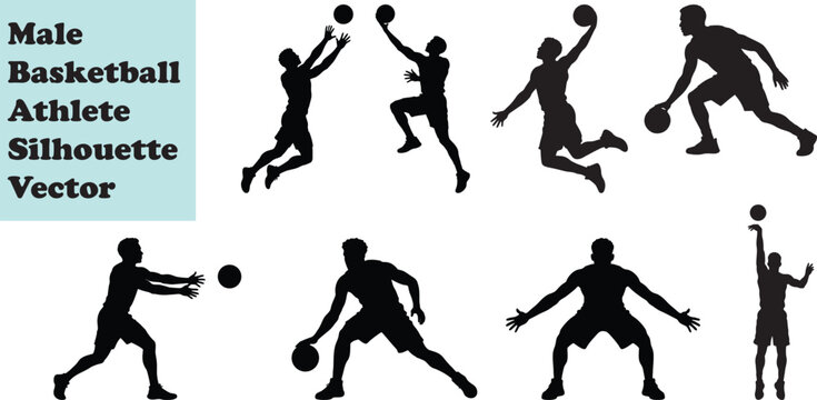 Set of Vector Silhouettes of Male Basketball Athlete Action Figures Isolated on White Background