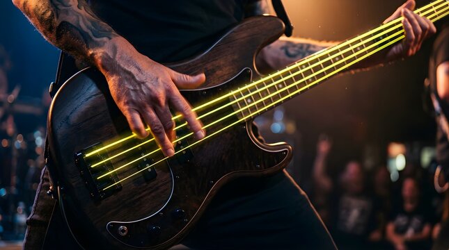 Bassist playing wooden bass guitar with glowing neon strings on stage