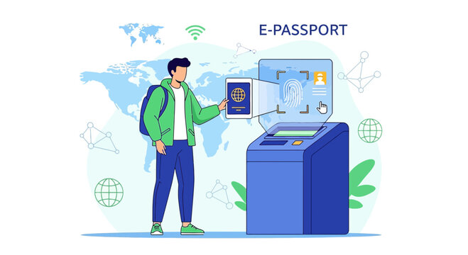 Man using e-passport kiosk for international travel, digital border control concept