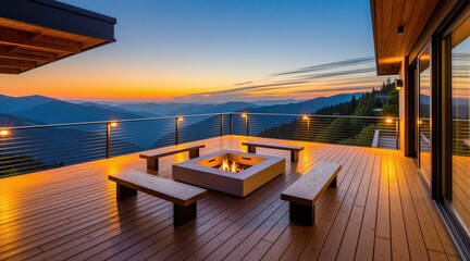 Obraz premium Modern wooden terrace deck at sunset with mountain landscape background. Fire pit glows with warm light on outdoor balcony. Luxury resort architecture features peaceful panoramic view over forest
