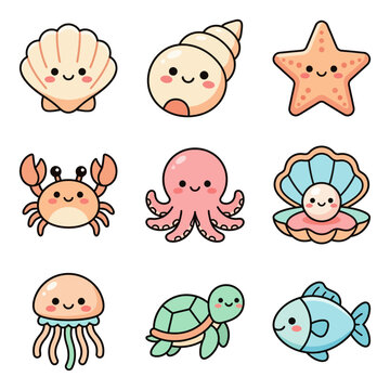 Collection of nine cute ocean animal and shell icons.