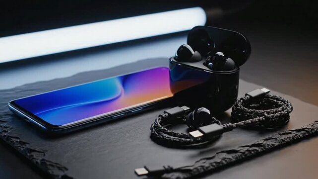 Modern smartphone and wireless earbuds set with charging cables on dark slate background, for tech and, gadget lifestyle marketing