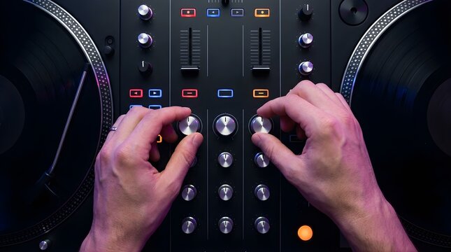 DJ hands adjusting audio mixing console knobs at a music club event