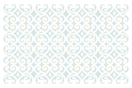 Symmetrical muted sage green vector background with minimalist New Zealand Maori kowhaiwhai ornament, organic ethnic texture for packaging