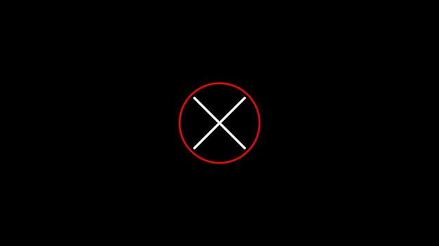 A simple red circle with a white cross inside it on a black background, representing a 'no' symbol or an error.