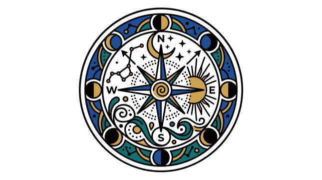 Celestial compass rose with sun moon stars and constellations
