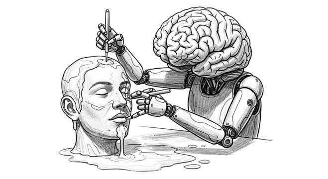 Ai brain vector robot sculpting a melting human head